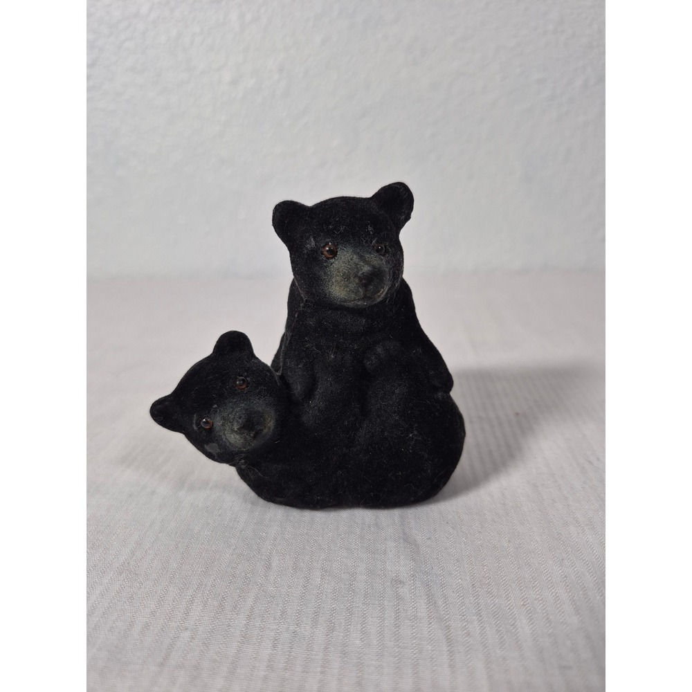 Vintage Flocked Black Bear Cubs Figurine Woodland Animal Decor Small Mini 2.5"